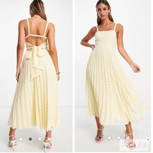 ASOS DESIGN elastic tie back pleated midi dress in yellow